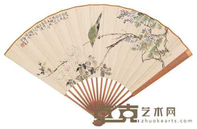 王师子 钱振锽 花深禽语 睡醒惊闻诗 成扇 18.5×50cm